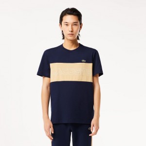 Men's Lacoste Regular Fit Printed Colorblock T-Shirt Navy Blue Beige | CLV456273