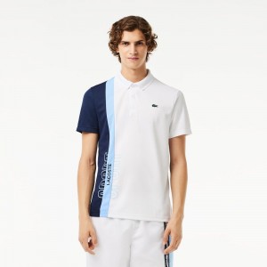 Men's Lacoste Regular Fit Recycled Knit Tennis Polo Shirts White Navy Blue Blue | TRN842103