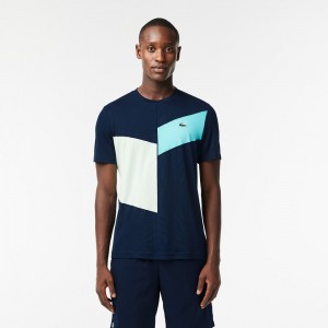 Men's Lacoste Regular Fit Seamless Tennis T-Shirt Navy Blue Blue Green White | KFQ568230