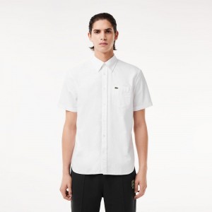 Men's Lacoste Regular Fit Short Sleeve Oxford Shirt White | CDJ860724