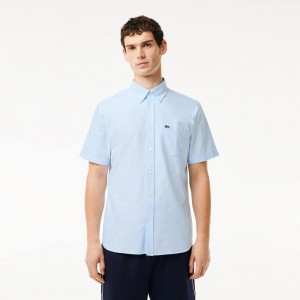 Men's Lacoste Regular Fit Short Sleeve Oxford Shirt White Blue | RHM154207