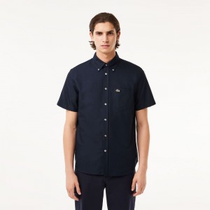 Men's Lacoste Regular Fit Short Sleeve Oxford Shirt Navy Blue | DKR692750