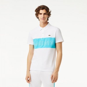 Men's Lacoste Regular Fit Stretch Piqué Colorblock Polo Shirts White Blue | YUZ485217