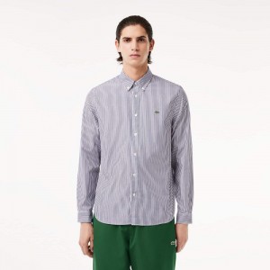 Men's Lacoste Regular Fit Striped Cotton Shirt White Navy Blue | YEW149780