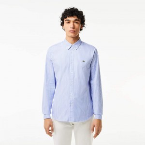 Men's Lacoste Regular Fit Striped Cotton Shirt White Blue | MDK528731