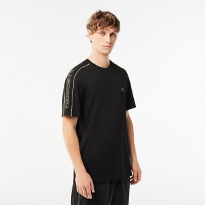 Men's Lacoste Regular Fit Technical Piqué Print T-Shirt Black Flashy Yellow | LJH365127