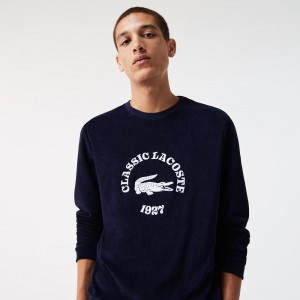 Men's Lacoste Regular Fit Terrycloth Lounge Sweatshirt Navy Blue White | WSF025783