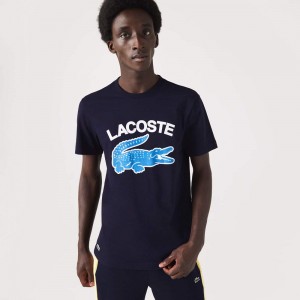 Men's Lacoste Regular Fit XL Croc Print T-Shirt Navy Blue | UGE105682