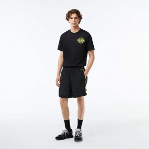 Men's Lacoste Relaxed Fit Embroidered Shorts Black Flashy Yellow | RQK596214