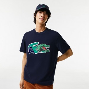 Men's Lacoste Relaxed Fit Oversized Crocodile T-Shirt Navy Blue | WVE062495