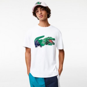 Men's Lacoste Relaxed Fit Oversized Crocodile T-Shirt White | RWA132706