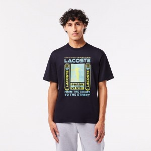 Men's Lacoste Relaxed Fit René Lacoste Print T-Shirt Abysm blue | NVP826471