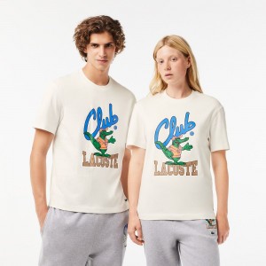 Men's Lacoste Relaxed Fit Signature Print T-Shirt White | FAP781435