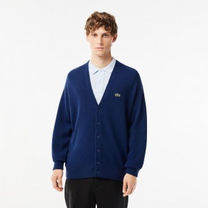 Men's Lacoste Relaxed Fit Tone-on-Tone Buttons Wool Cardigan Sweater Methylene blue | XHB362017