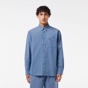 Men's Lacoste Relaxed Fit Washed Effect Poplin Shirt Blue | RGC084972