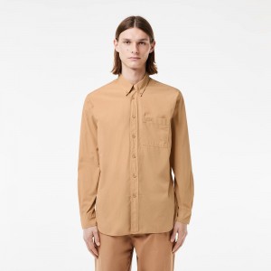 Men's Lacoste Relaxed Fit Washed Effect Poplin Shirt Beige | JOI193876