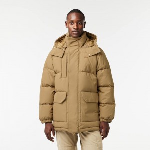 Men's Lacoste Removable Hood Midi Puffer Jackets Brown | UQZ359742