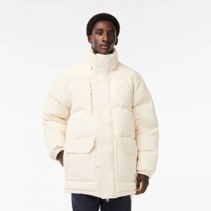 Men's Lacoste Removable Hood Midi Puffer Jackets Cream | JBU367592