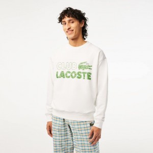 Men's Lacoste Round Neck Loose Fit Vintage Print Sweatshirt White | GBA128037