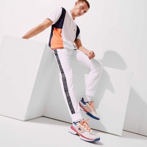 Men's Lacoste SPORT Branded Bands Sweatpants White Orange Navy Blue | WTP369854