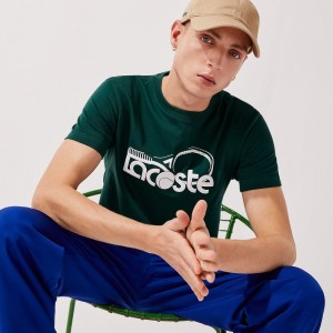 Men's Lacoste SPORT Crew Neck Tennis Print Breathable T-Shirt Green White | YAM482976