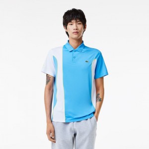 Men's Lacoste SPORT Novak Djokovic Regular Fit Colorblock Polo Shirts Blue White | TKJ901478