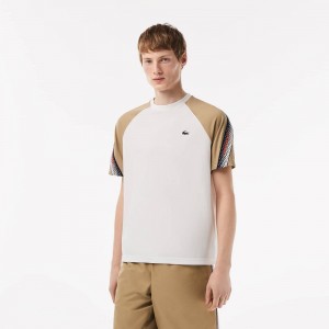 Men's Lacoste SPORT Regular Fit Logo Stripe T-Shirt White Beige | QXT470852