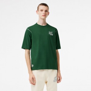 Men's Lacoste SPORT Roland Garros Edition Chunky Jersey T-Shirt Pine green | IBQ076243