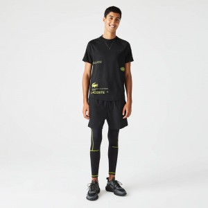 Men's Lacoste SPORT Stretch Jersey T-Shirt Black Yellow | PLR538410