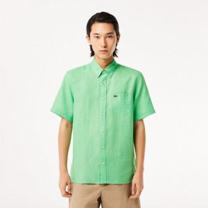 Men's Lacoste Short Sleeve Linen Shirt Green | XKF856319