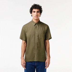 Men's Lacoste Short Sleeve Linen Shirt Khaki Green | QRJ817950