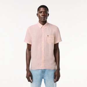 Men's Lacoste Short Sleeve Linen Shirt Light Pink | CIQ357902