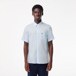 Men's Lacoste Short Sleeve Linen Shirt Light Blue | ZAF678391