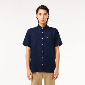 Men's Lacoste Short Sleeve Linen Shirt Navy Blue | EZU735908