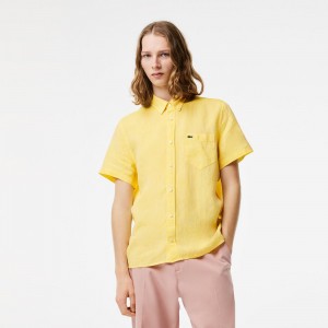 Men's Lacoste Short Sleeve Linen Shirt Pastel yellow | BDE925630