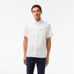 Men's Lacoste Short Sleeve Linen Shirt White | CMD039642