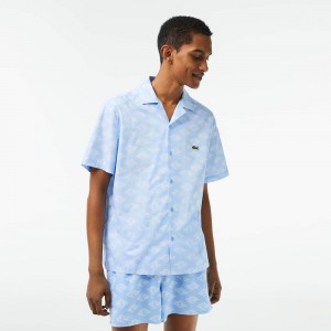 Men's Lacoste Short Sleeve Monogram Shirt Blue White | ZWD517369