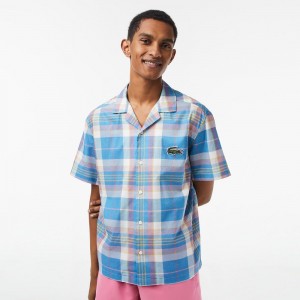 Men's Lacoste Short Sleeve Organic Cotton Check Shirt Blue White | UYA574893