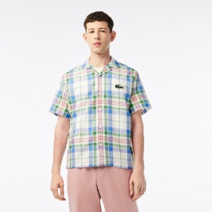 Men's Lacoste Short Sleeve Organic Cotton Check Shirt White | KQP267189