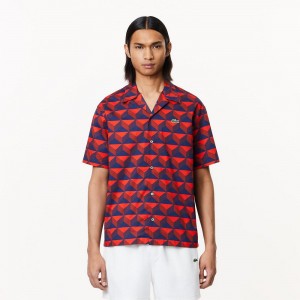 Men's Lacoste Short Sleeve Patterned Shirt Blue Bordeaux Red | PMN901283