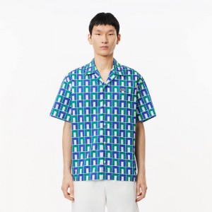 Men's Lacoste Short Sleeve Patterned Shirt White Blue Green | QAH791685