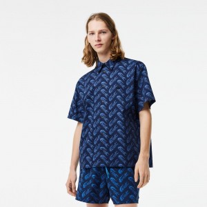 Men's Lacoste Short Sleeve Vintage Print Shirt Navy Blue Blue | FOU154698