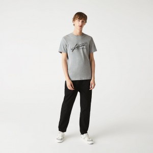 Men's Lacoste Signature And Crocodile Print Crew Neck Cotton T-Shirt Grey Chine | YDT652908