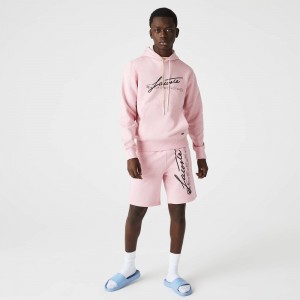 Men's Lacoste Signature Flecked Cotton Fleece Hoodie Pink | HUP938715