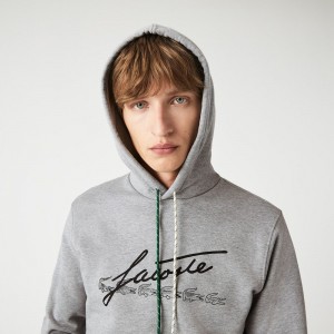 Men's Lacoste Signature Flecked Cotton Fleece Hoodie Grey Chine | QCZ784105