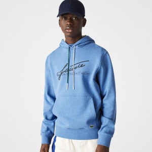 Men's Lacoste Signature Flecked Cotton Fleece Hoodie Blue Chine | TNP309642