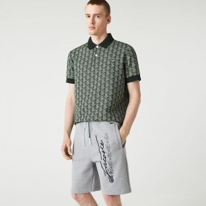 Men's Lacoste Signature Print Cotton Fleece Shorts Grey Chine | KCU394206