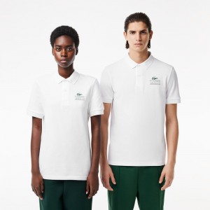 Men's Lacoste Signature Print Stretch Piqué Polo Shirts White | MWV617482