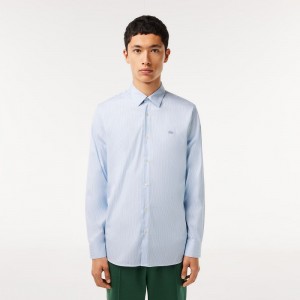 Men's Lacoste Slim Fit Check Stretch Poplin Shirt White Blue | OHC068325