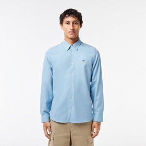 Men's Lacoste Slim Fit Cotton Chambray Shirt Blue White | YBQ769321